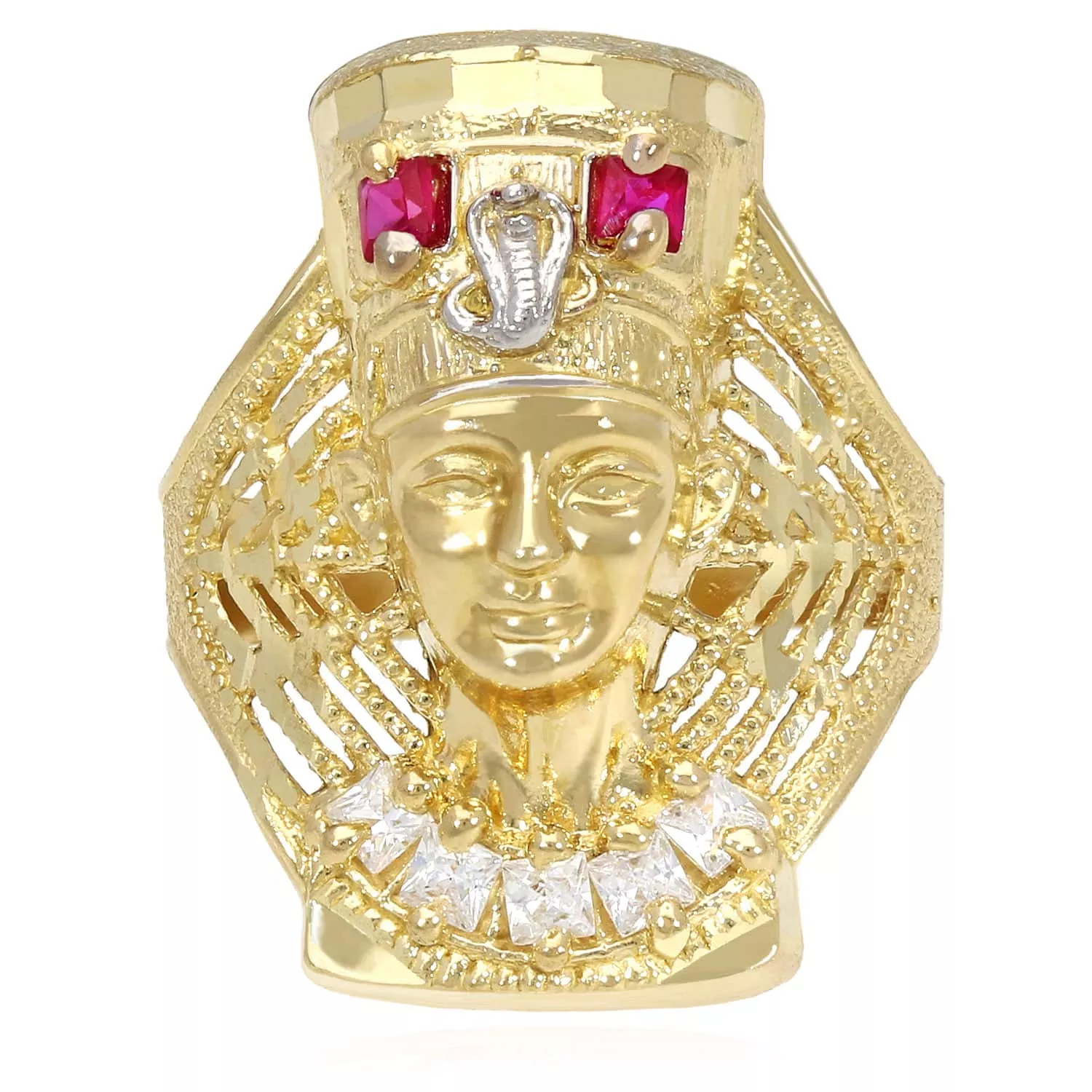 10K Gold Yellow CZ Ruby Pharaoh Nefertiti Head Ring