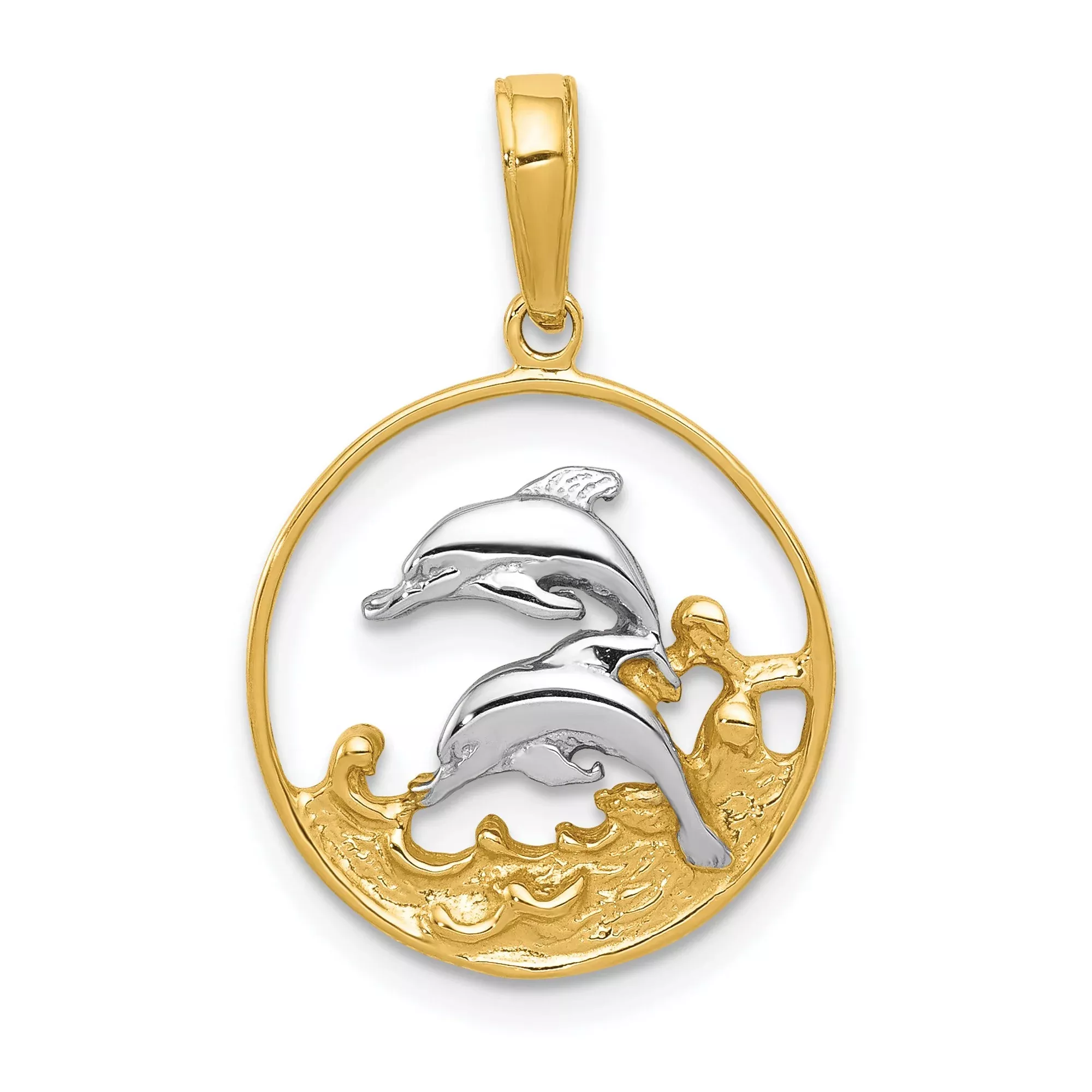 10k Multi-Tone Gold Dolphin Pendant with Rhodium Accent and Ocean Wave Design