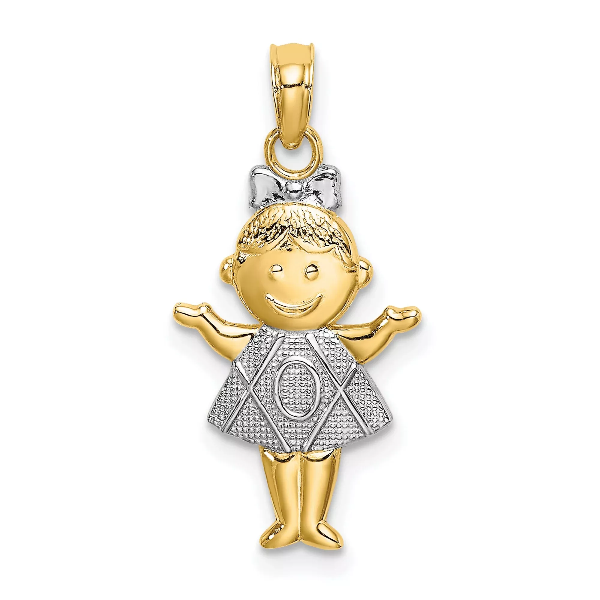 10k Multi-Tone Gold Girl Pendant with Smiling Face, Bow and XOX Dress Details