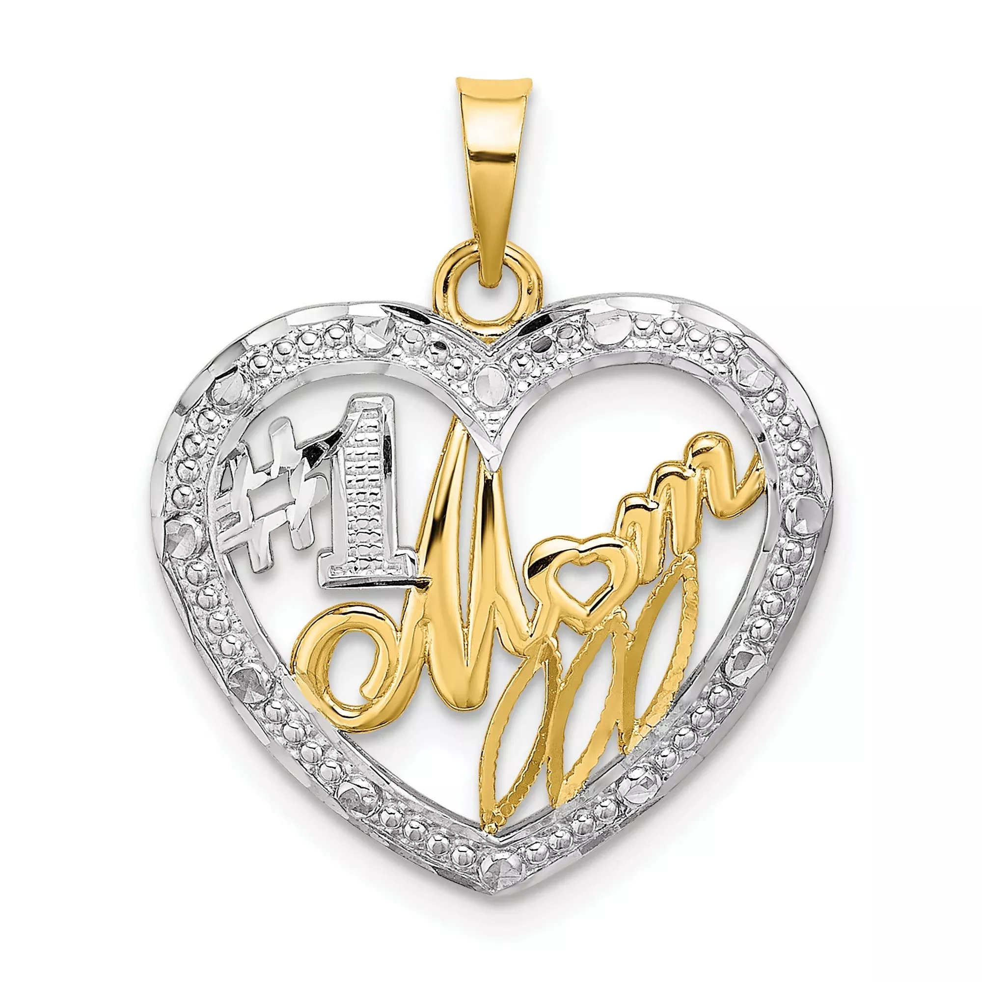 10k Multi-Tone Gold Heart Pendant with #1 Mom Script, Sentimental Family Charm