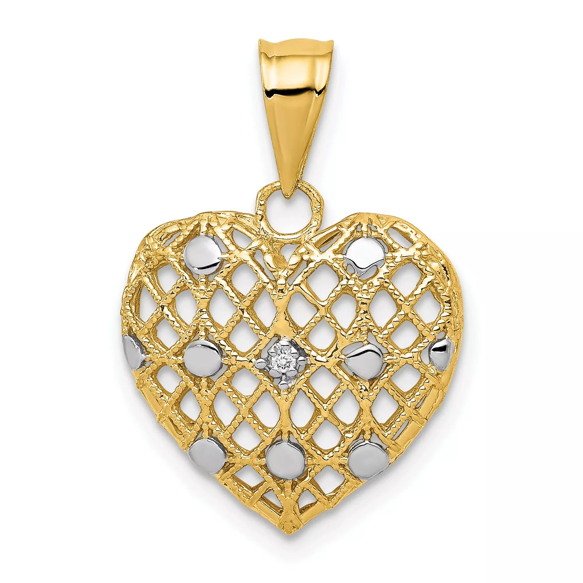10k Multi-Tone Gold Heart Pendant with Diamond Detail and Rhodium Accents, Open Lattice Design