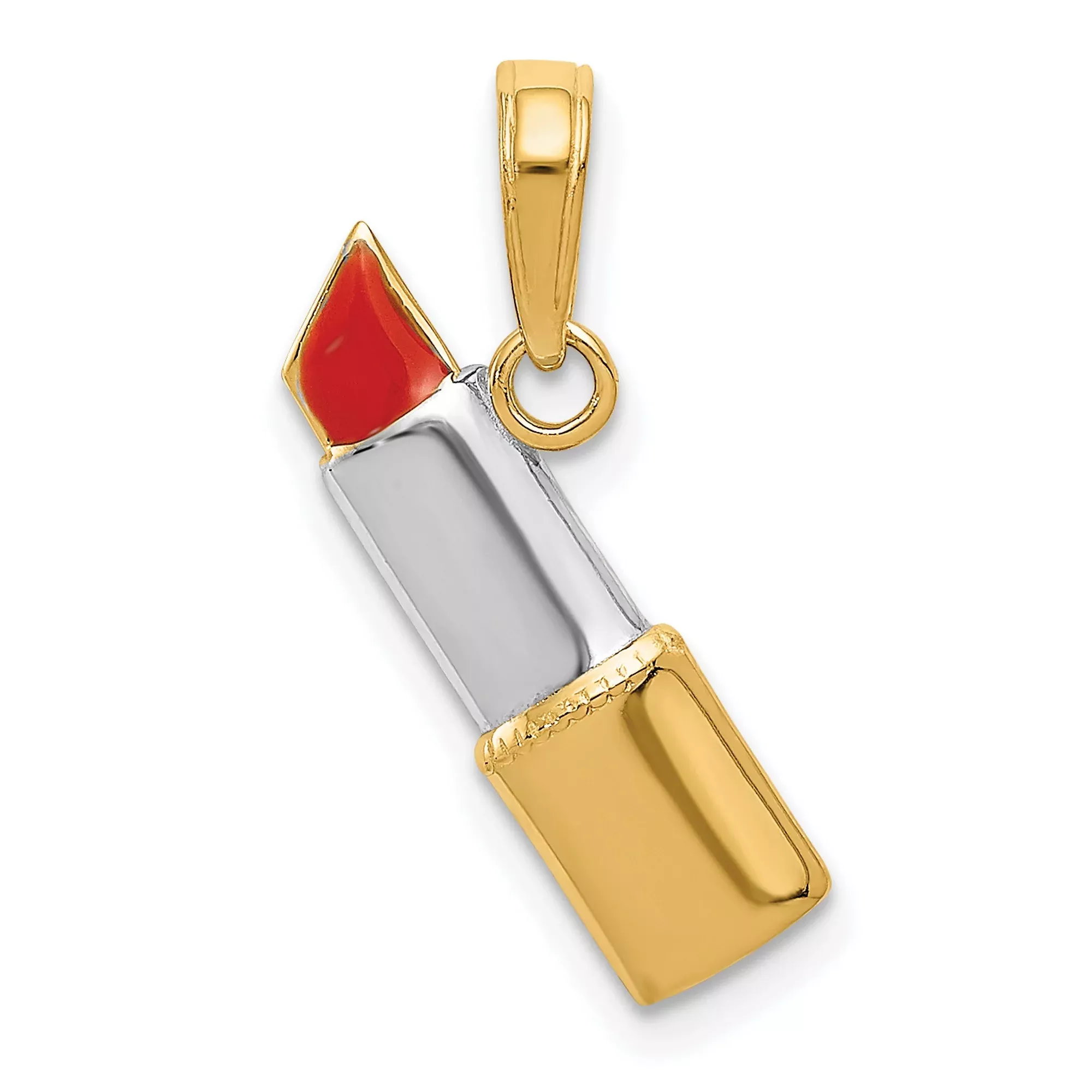 10k Multi-Tone Gold Lipstick Pendant Charm with Red Enamel Accent, Two-Tone Makeup Theme