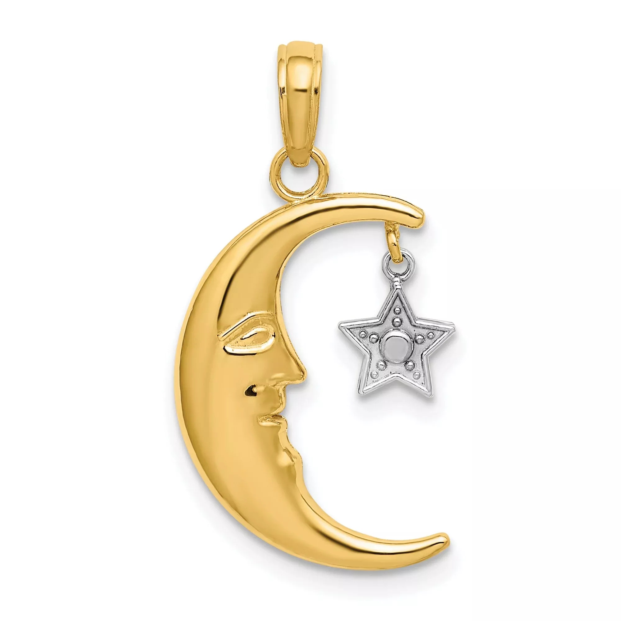 10k Multi-Tone Gold Moon and Star Pendant with Rhodium Accent, Celestial Boho Jewelry for Women