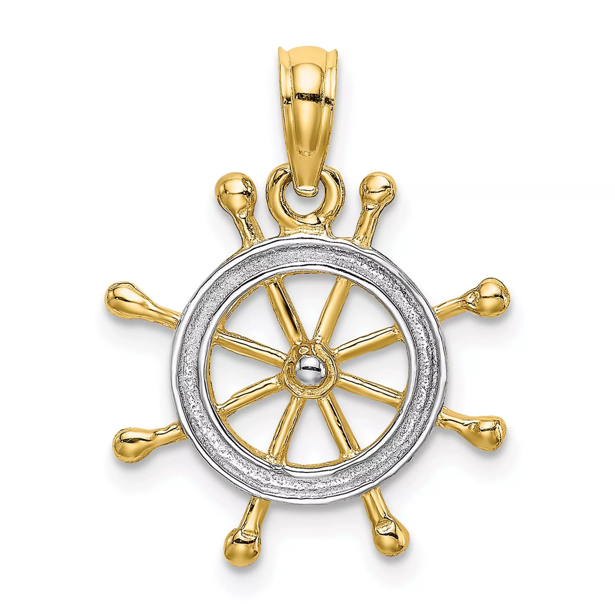 10k Multi-Tone Gold Nautical Ship Wheel Pendant with Rhodium Finish, Maritime Compass Design