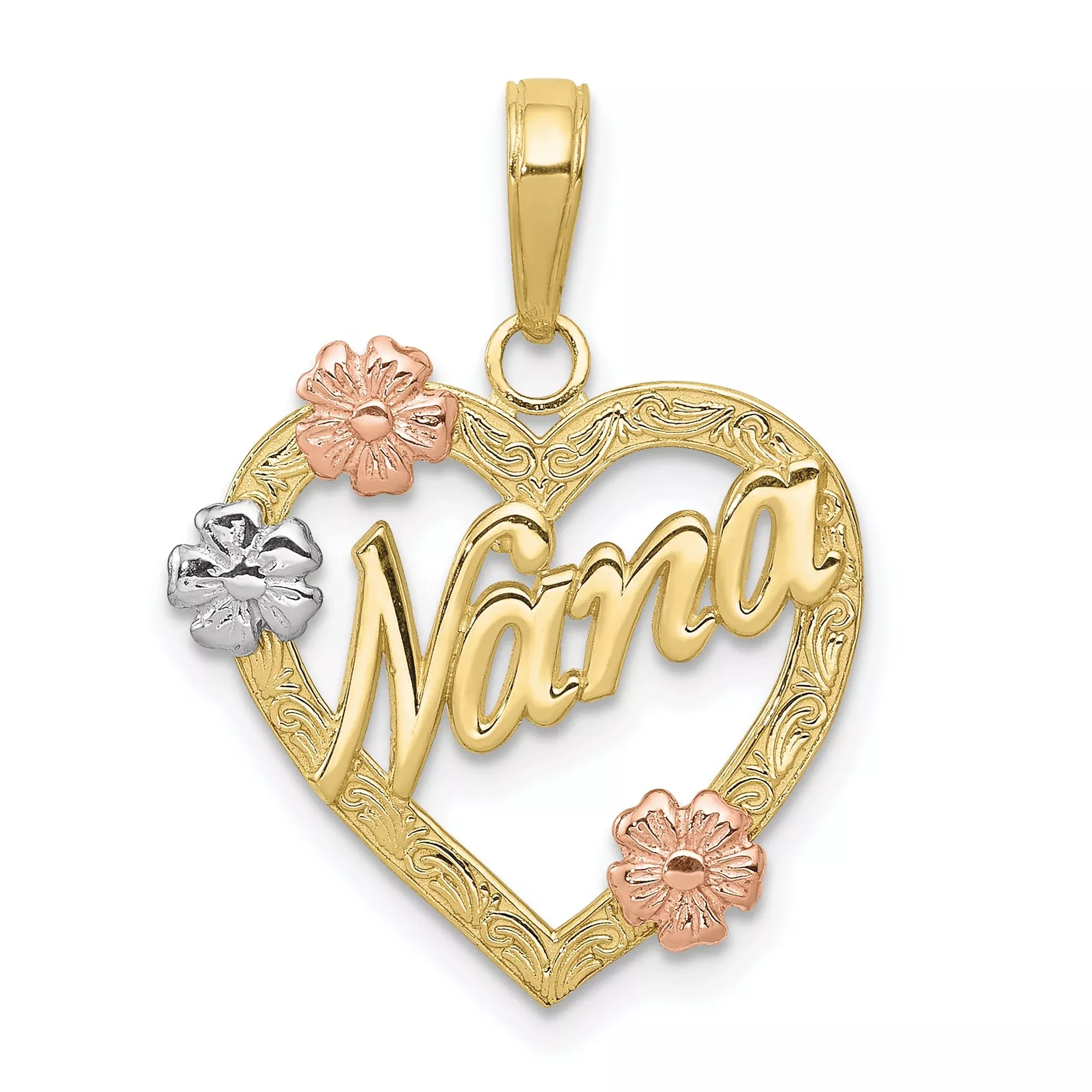 10k Tri-Color Gold Heart Pendant with Floral Accents, Nana Charm for Women