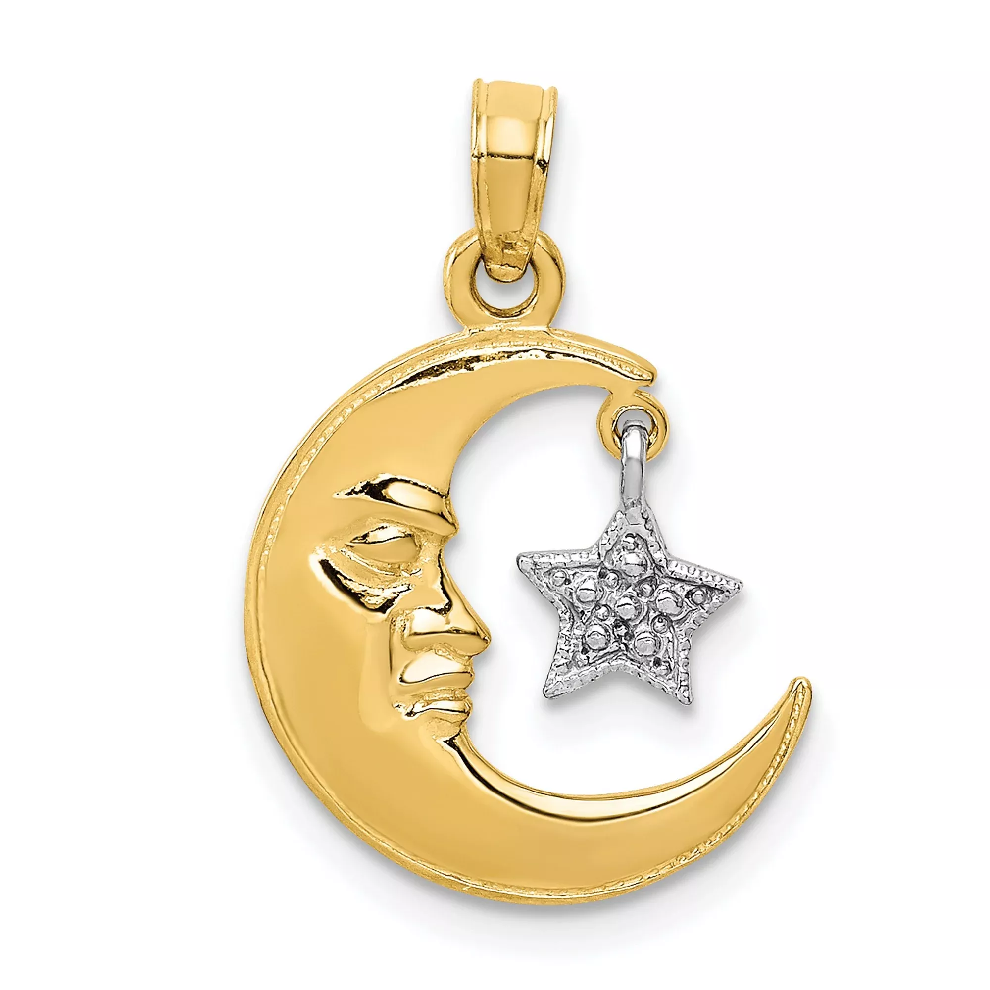 10k Two-Tone Gold Crescent Moon Pendant with Diamond-Cut Silver Star, Celestial Design