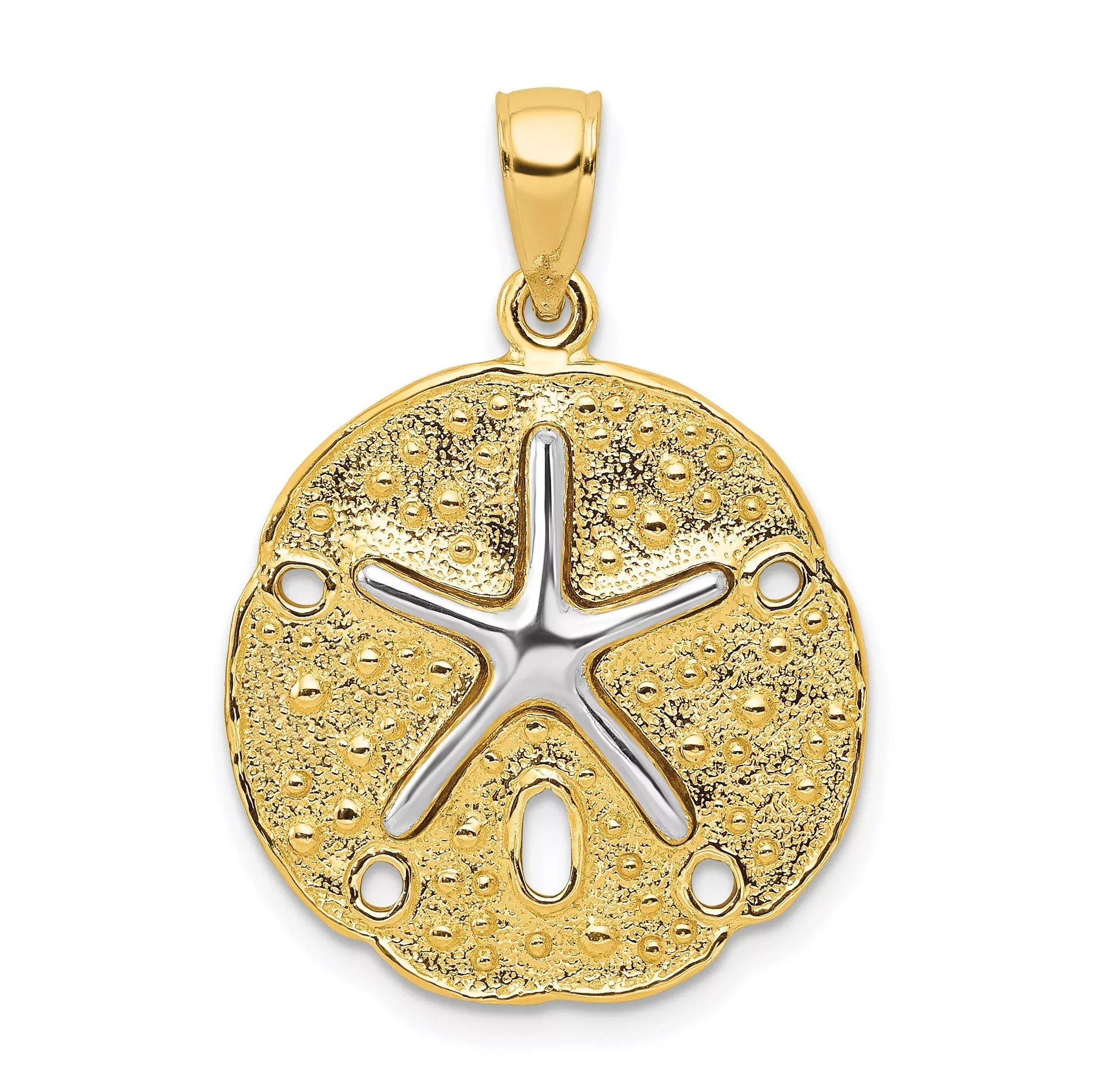10k Two-Tone Gold Sand Dollar Pendant with Raised Starfish Design, Nautical Ocean Theme