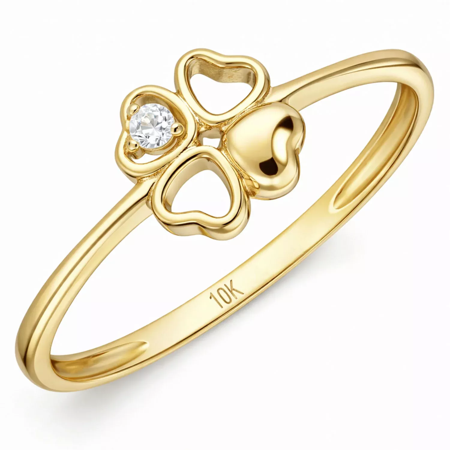 10K Yellow Gold 0.03CTW CZ Open Heart Clover Stackable Ring
