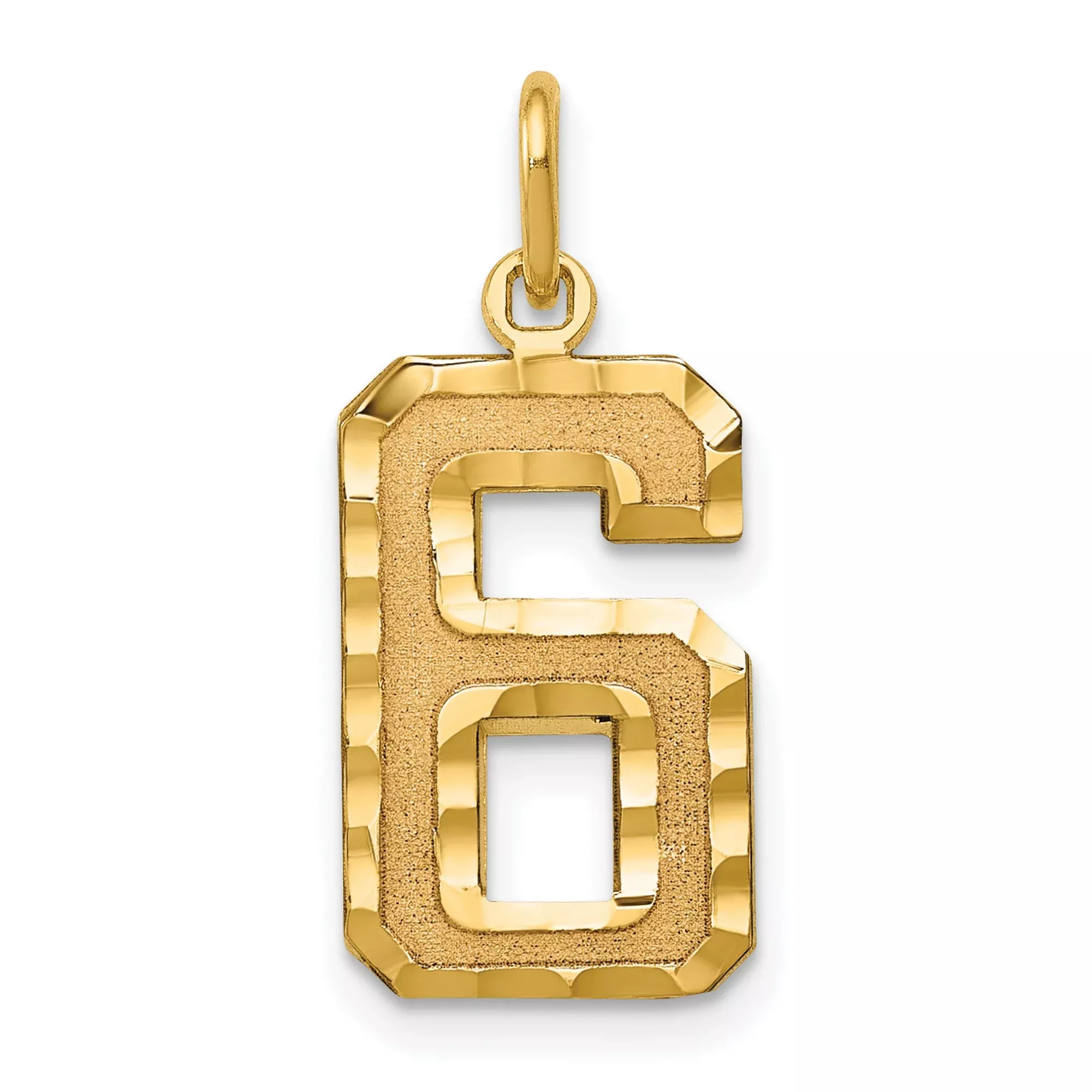 10k Yellow Gold Number 6 Pendant Charm, Beveled Textured Design, Unisex Jewelry