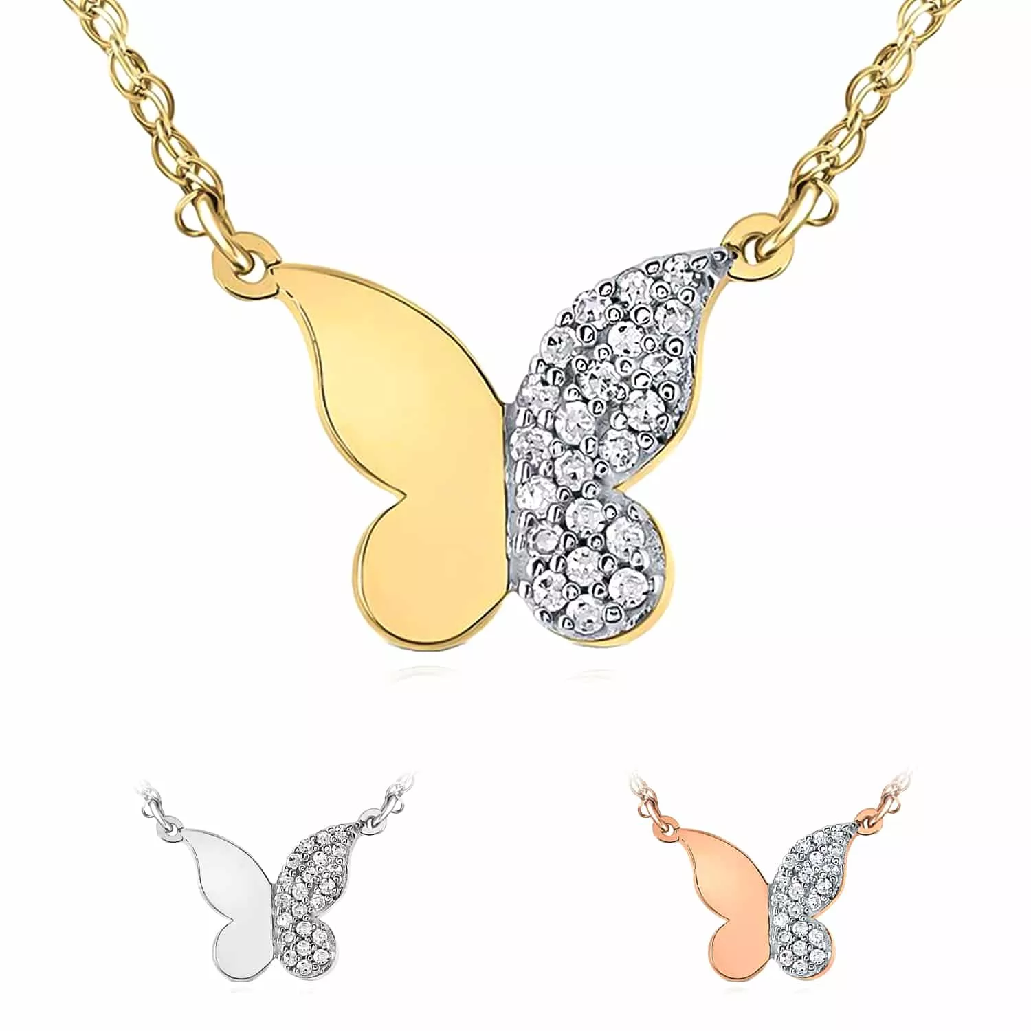 .12CTW Natural Diamond 10K Yellow White Rose Gold Butterfly Necklace (Solid Links) 18"