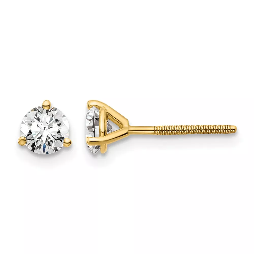 14k 3/4 carat Lab Grown Diamond VS+ F+ Round Complete Three Prong Screwback Stud Earrings
