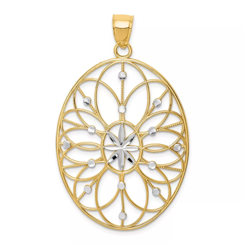 14k andWhite Rhodium Floral Filigree Medallion Pendant