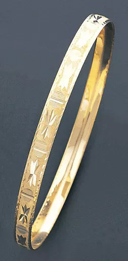 14k Gold 6mm Wide Star and Pattern Line Slip-on Solid Bangle 6.5 inches