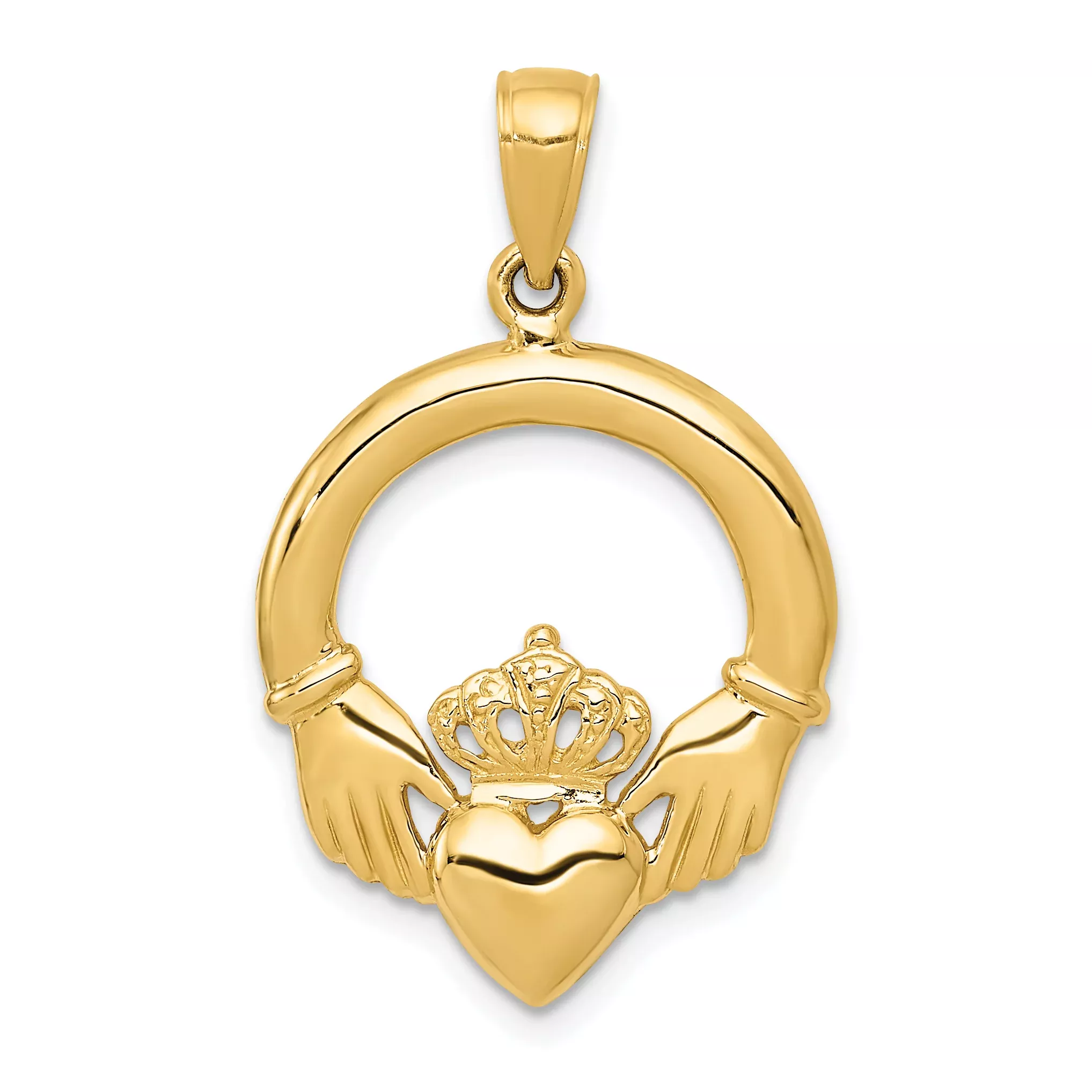 14K Gold Polished Claddagh Pendant Elegant Solid Casted Design