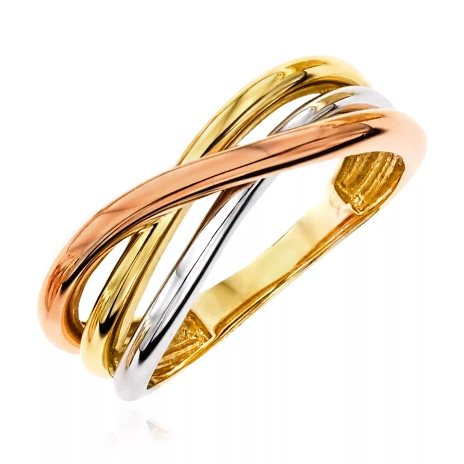 14K Gold Tri-Color Yellow White Rose Crossover Trinity Stackable Ring