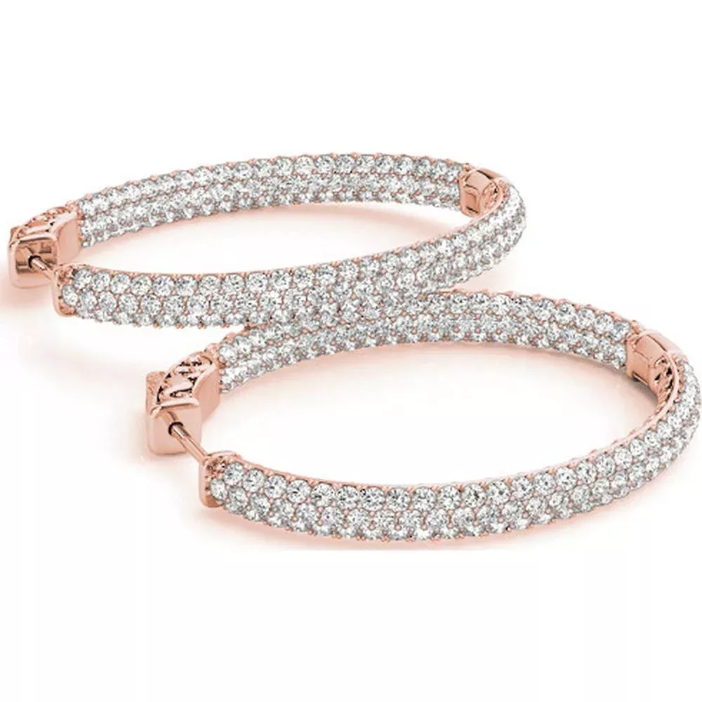 14K Rose Gold 2 Carat Total Weight Lab Diamond 1.5 Inch Three Row Pave Oval Hoop Earrings by Robinson's Jewelers