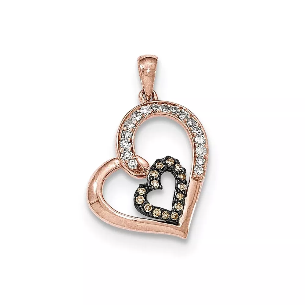 14K Rose Gold Champagne & White Real Diamond Hearts Pendant