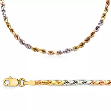 14k Tri-Color Gold 5mm Rope Chain 26 Inches