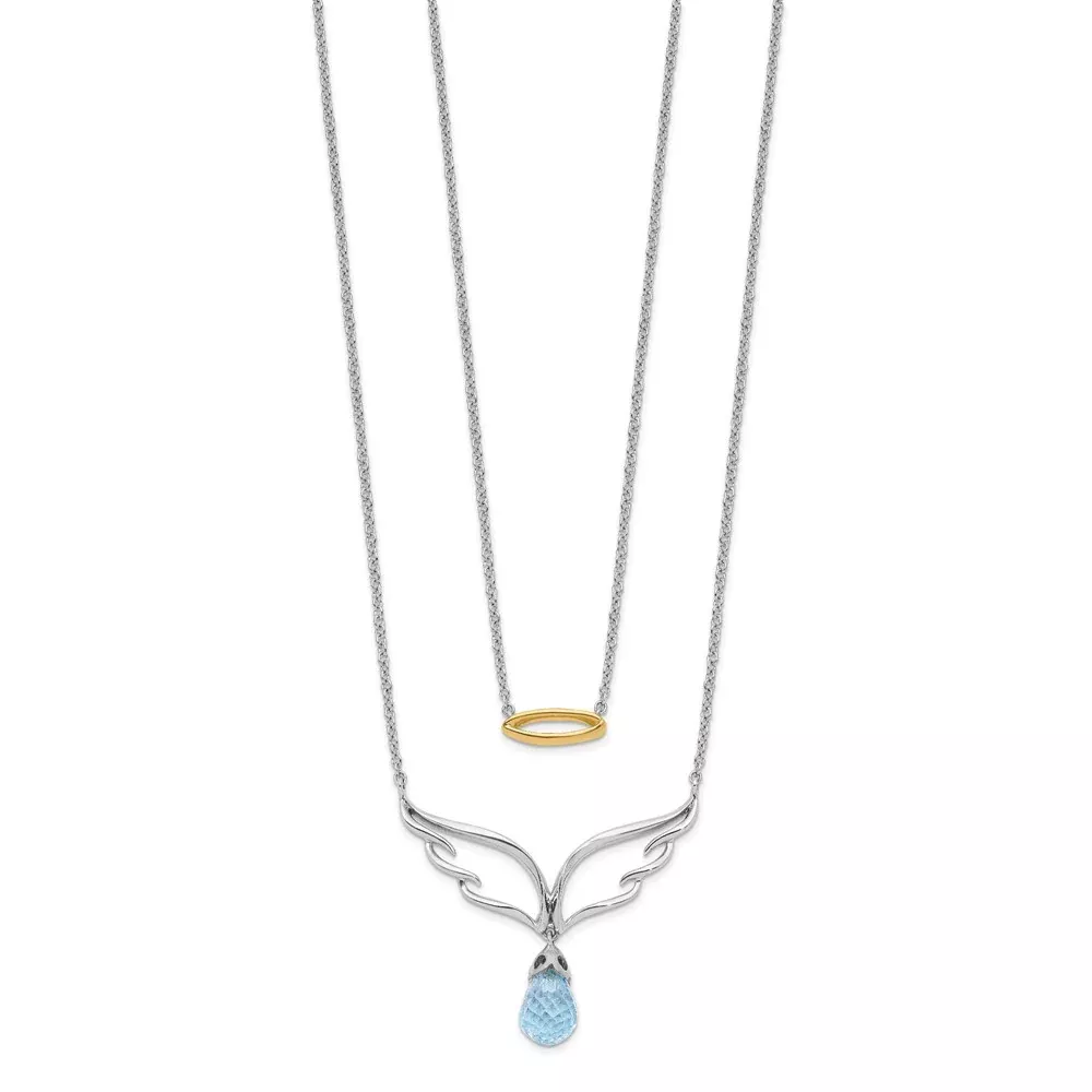 14k Two-Tone Gold Blue Topaz Dangle Wings w/Halo Dble 18in Necklace