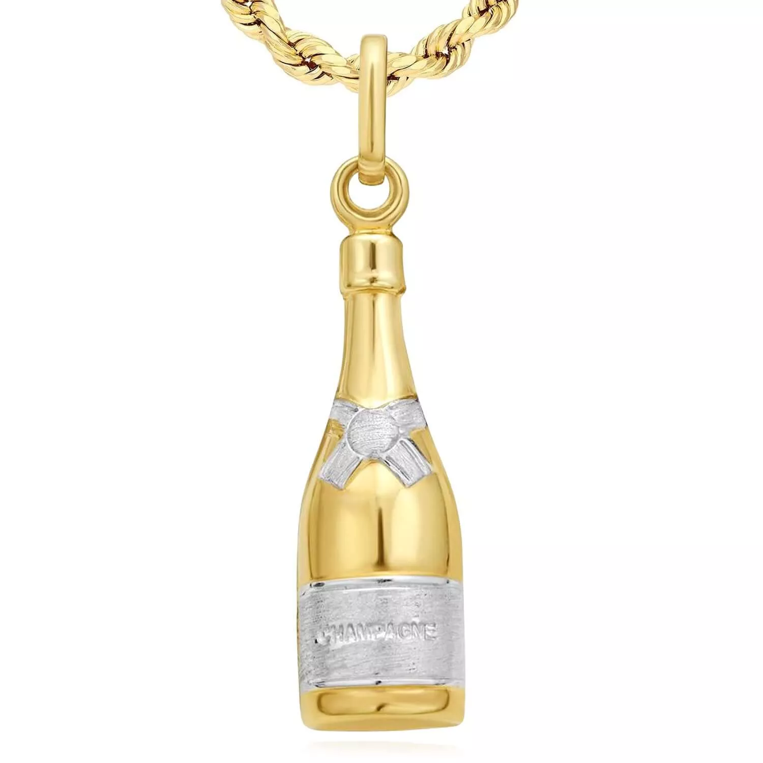 14K Two-Tone Gold Champagne Bottle Pendant 1"