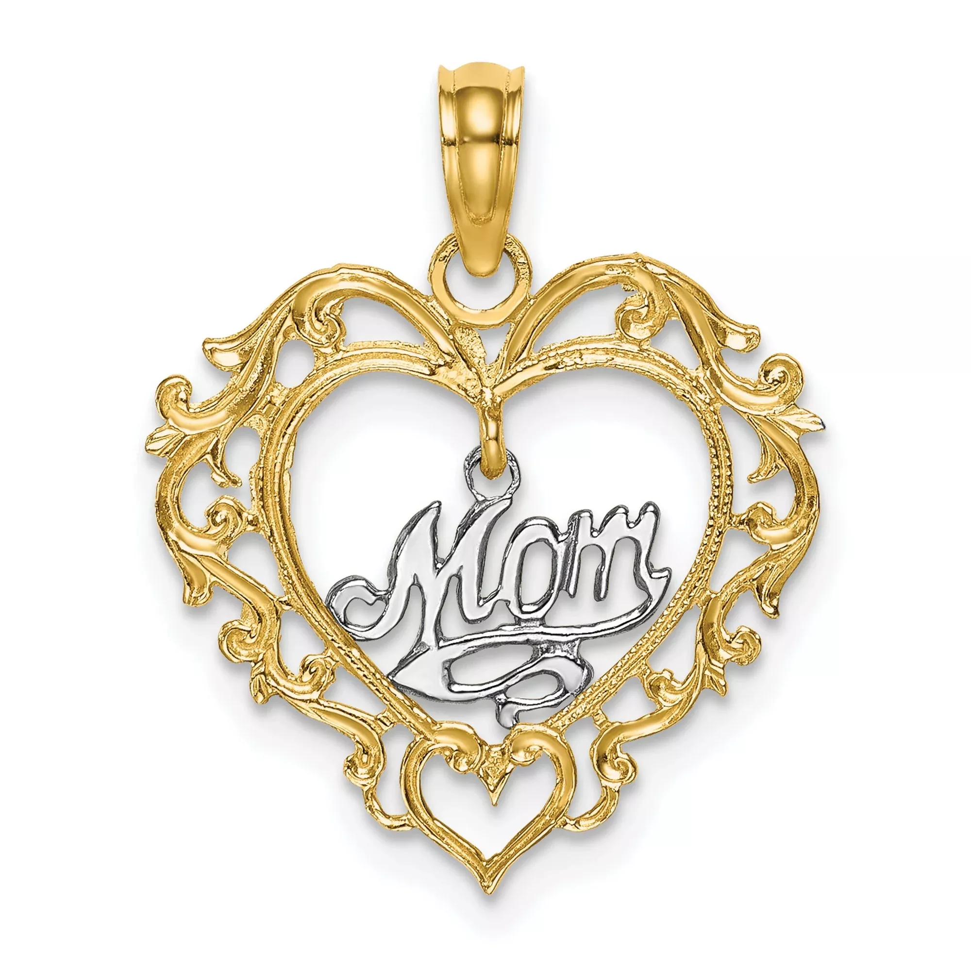14k Two-Tone Gold Heart Pendant with Script Mom Design and Filigree Detailing
