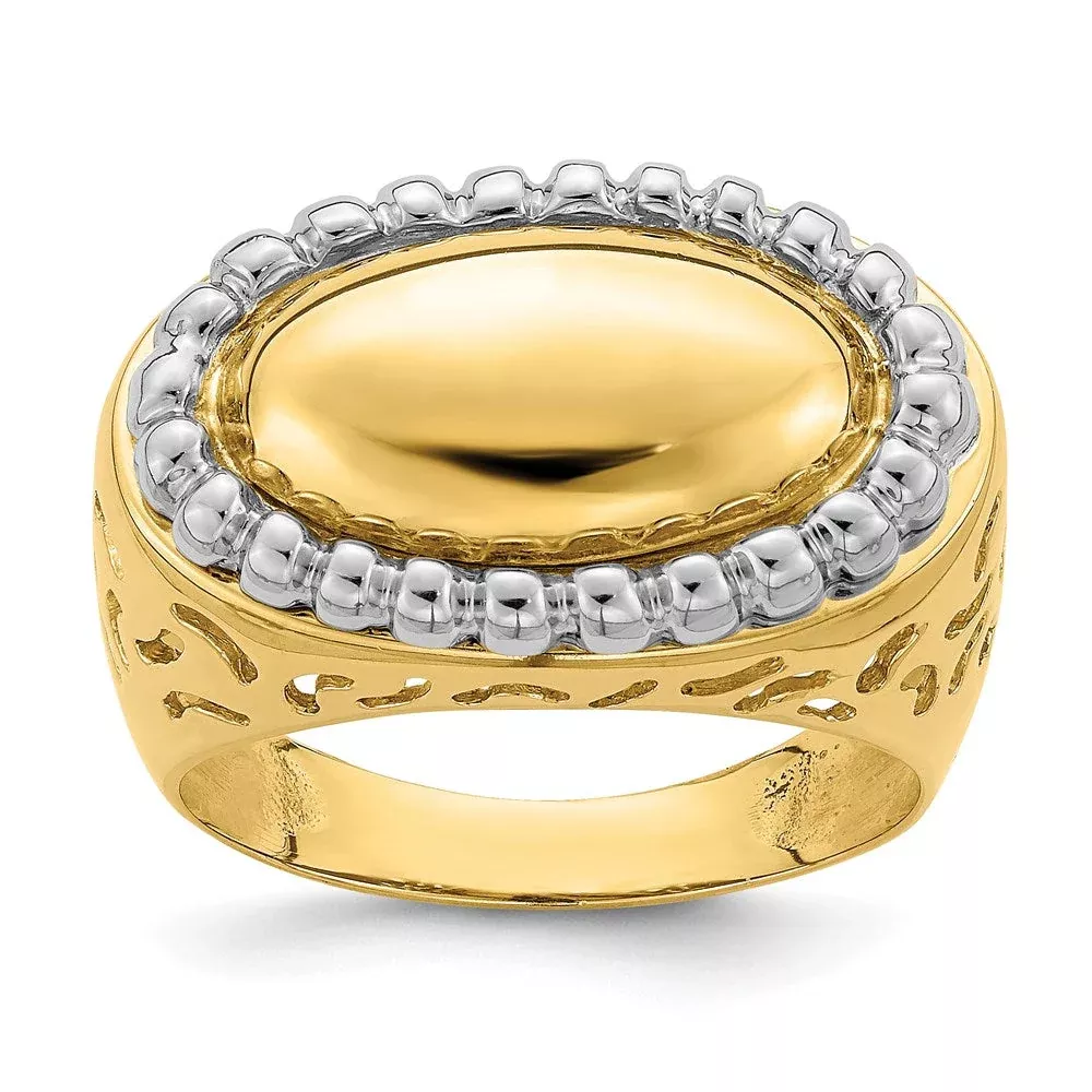 14K Two-Tone Gold Polished Beaded Frame Dome Ring