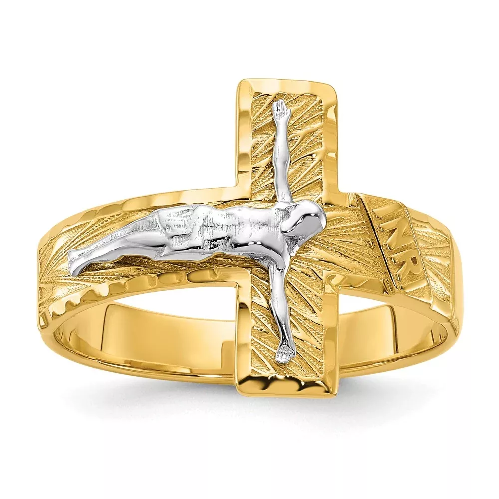 14K Two-Tone Gold Polished Diamond-Cut Mens Crucifix Ring