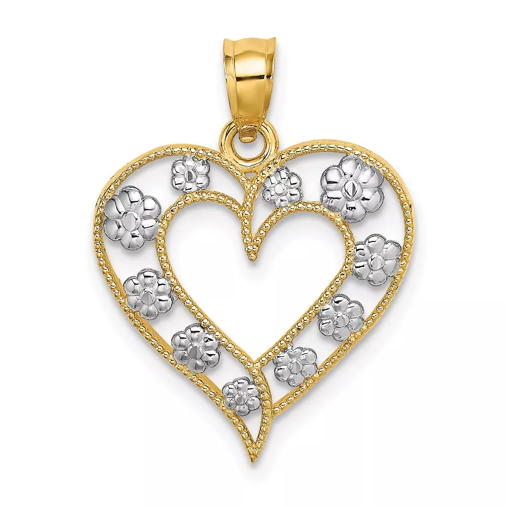 14k Two-Tone Textured Cut-Out Heart with Flowers Charm
