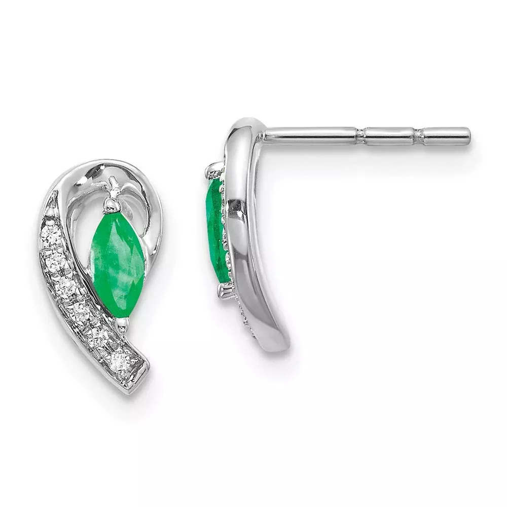 14k White Gold 1/20Ct Real Diamond & Emerald Earrings