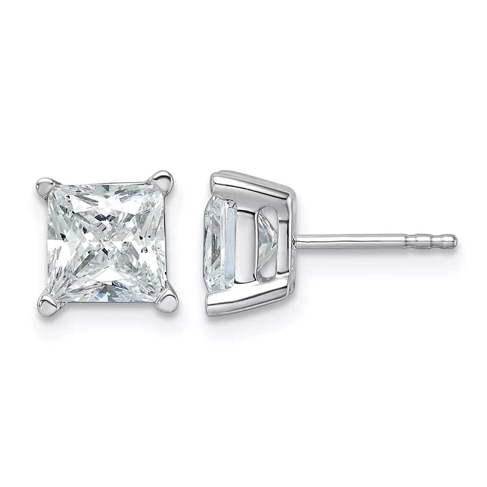 14k White Gold 4 carat Lab Grown Diamond VS/SI+ G+ Princess Complete Four Prong Stud Earrings