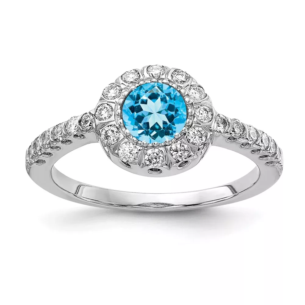 14k White Gold 5mm Blue Topaz AA Real Diamond ring