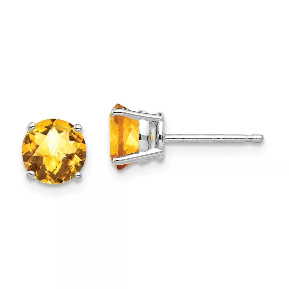 14k White Gold 6mm Citrine Checker Earrings