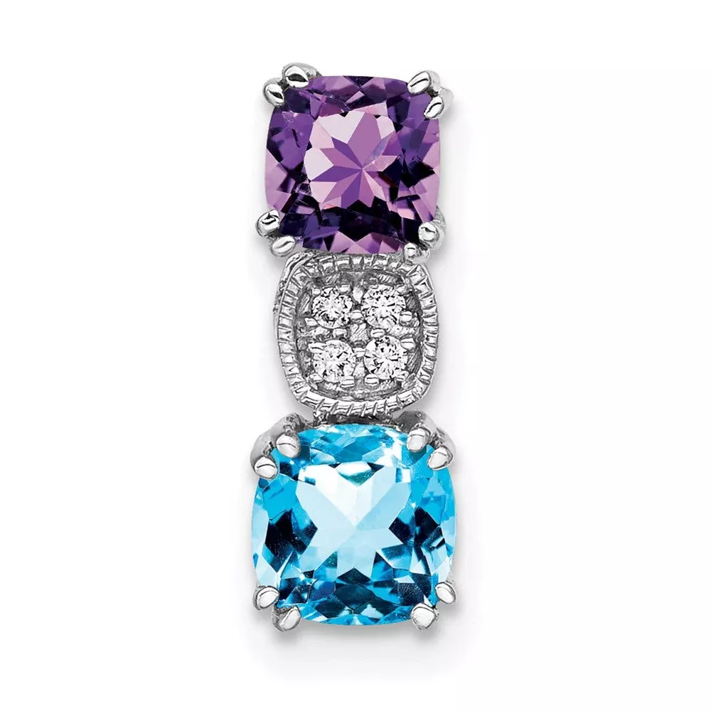 14k White Gold Amethyst/Blue Topaz/Real Diamond Chain Slide