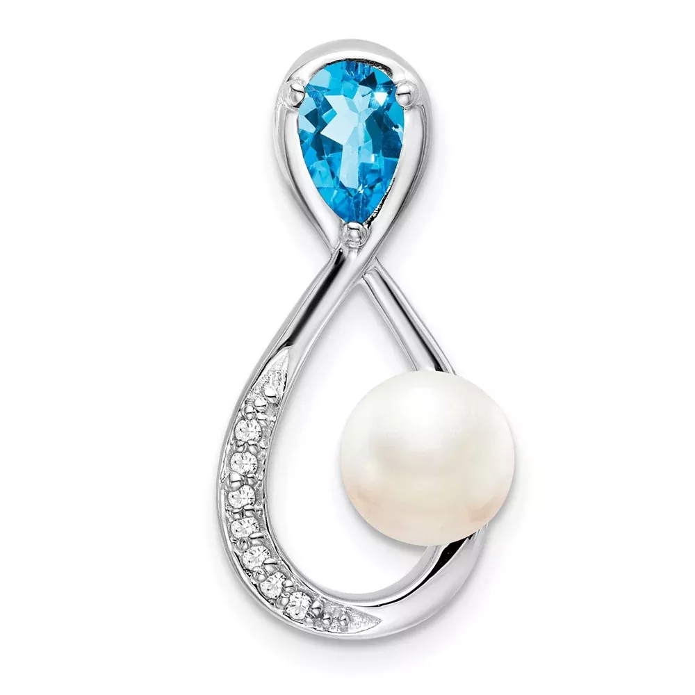 14K White Gold Blue Topaz/FWC Pearl/Real Diamond Infinity Chain Slide