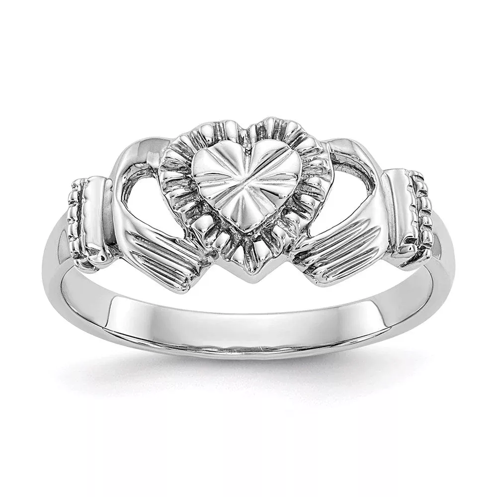 14k White Gold Child's Polished u0026 Diamond-Cut Claddagh Ring