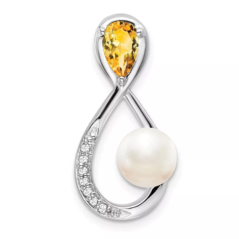 14K White Gold Citrine/FWC Pearl/Real Diamond Infinity Chain Slide