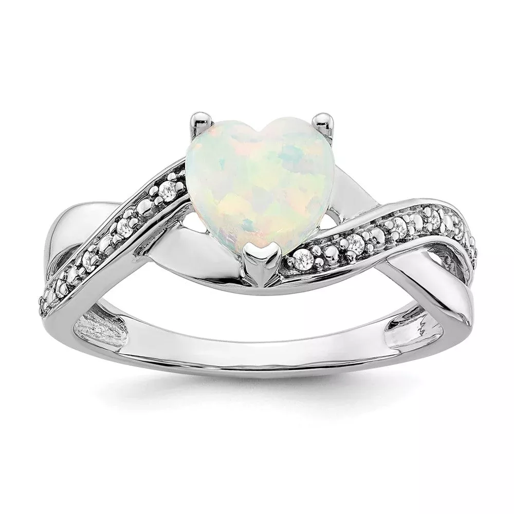 14k White Gold Created Opal and Real Diamond Heart Ring