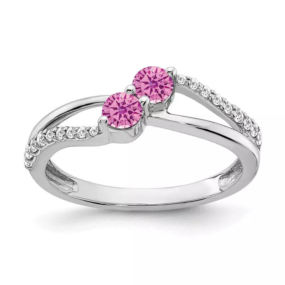 14k White Gold Created Pink Sapphire and Real Diamond 2-stone Ring