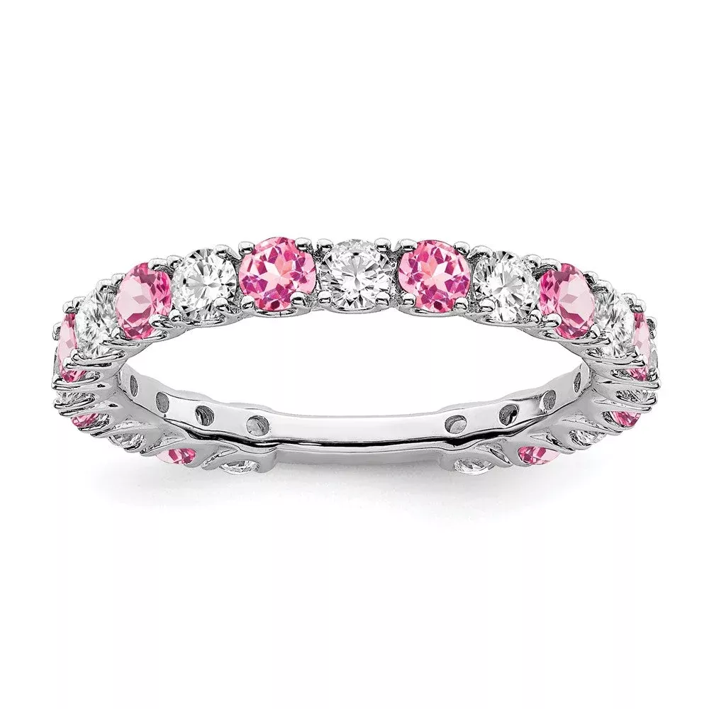 14k White Gold Created Pink Sapphire and Real Diamond Band