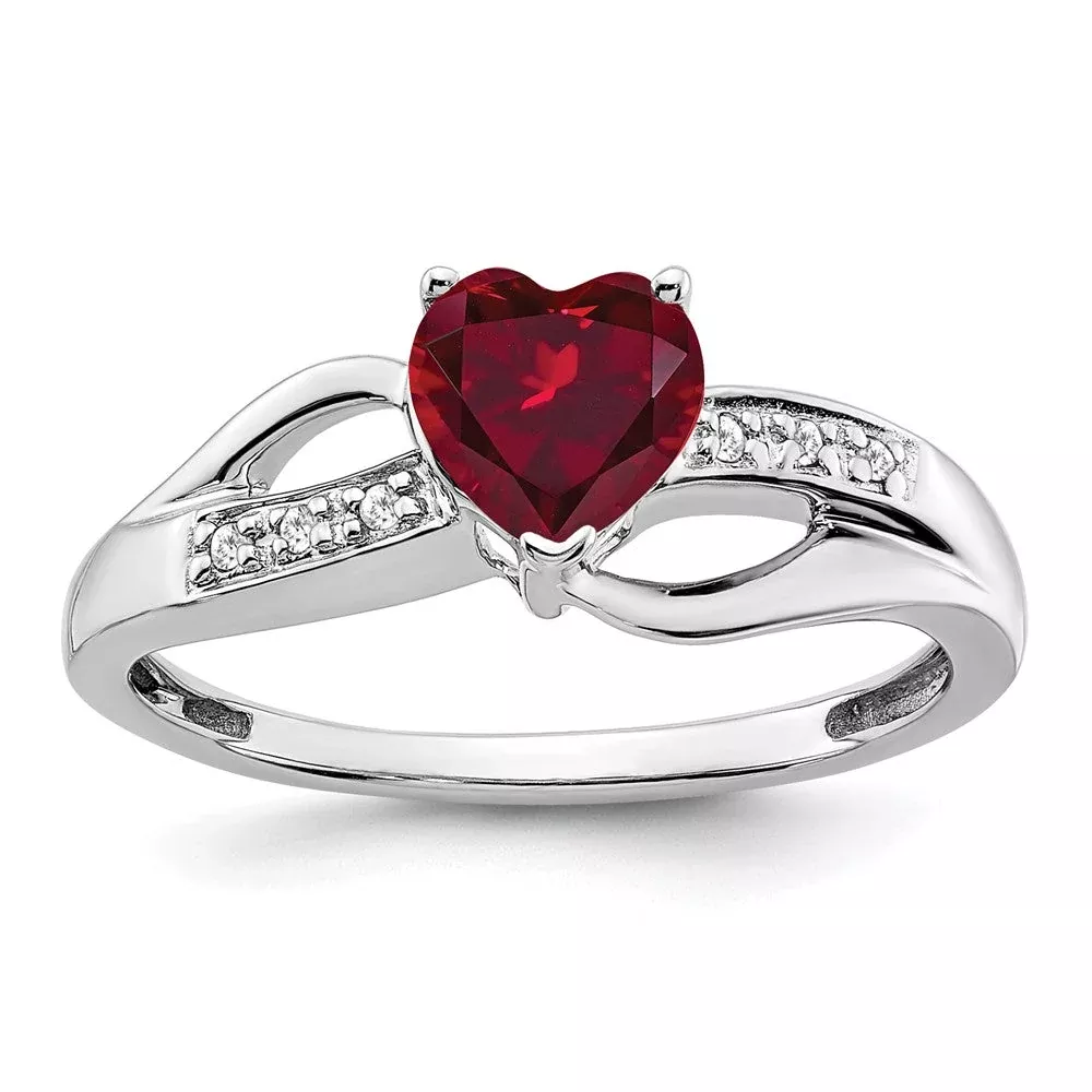 14k White Gold Created Ruby and Real Diamond Heart Ring