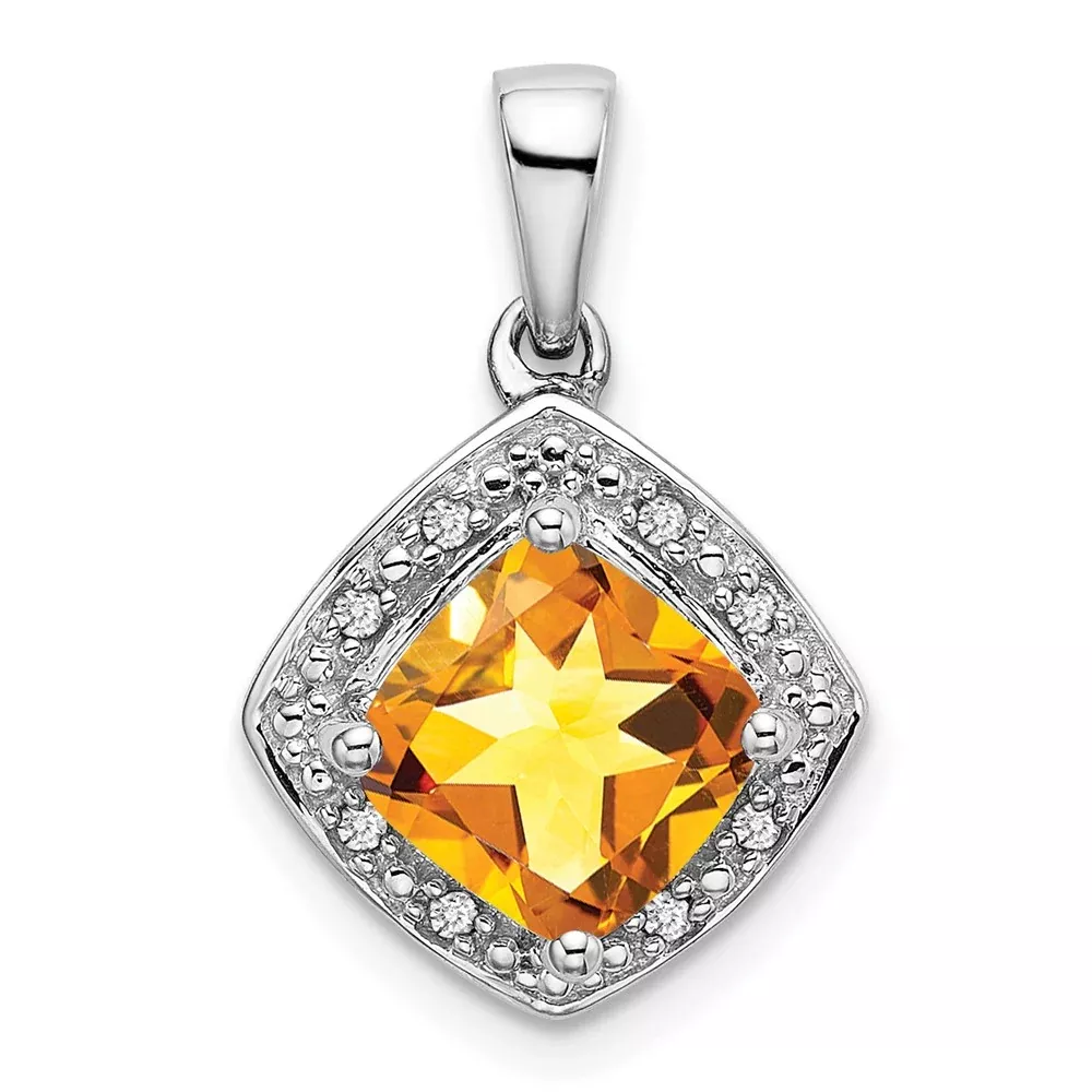 14K White Gold Cushion Citrine and Real Diamond Pendant