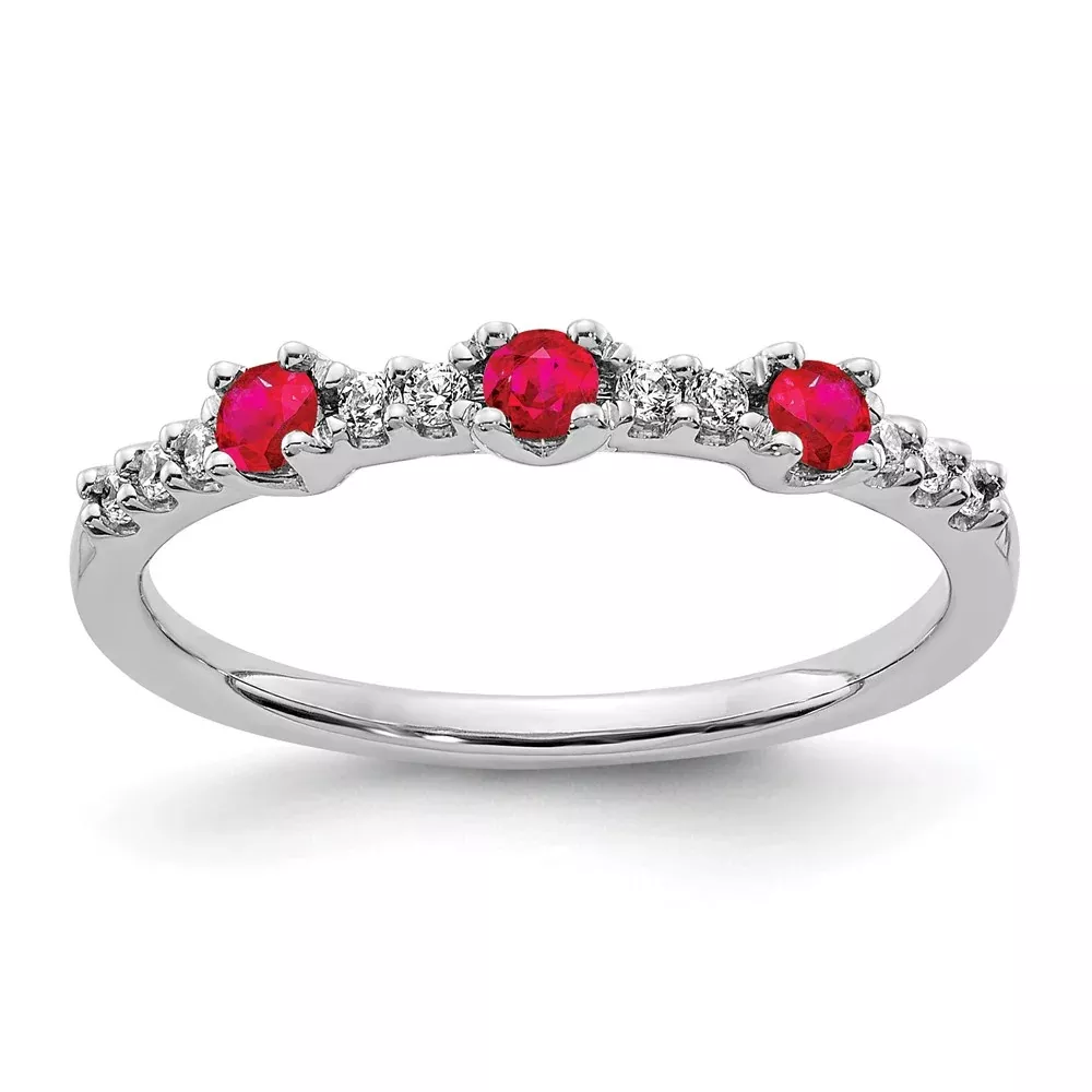 14k White Gold Real Diamond and Ruby 3-Stone Ring
