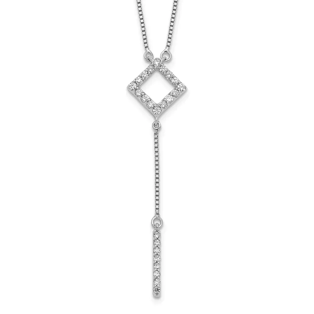 14k White Gold Real Diamond Square w/dangle Necklace