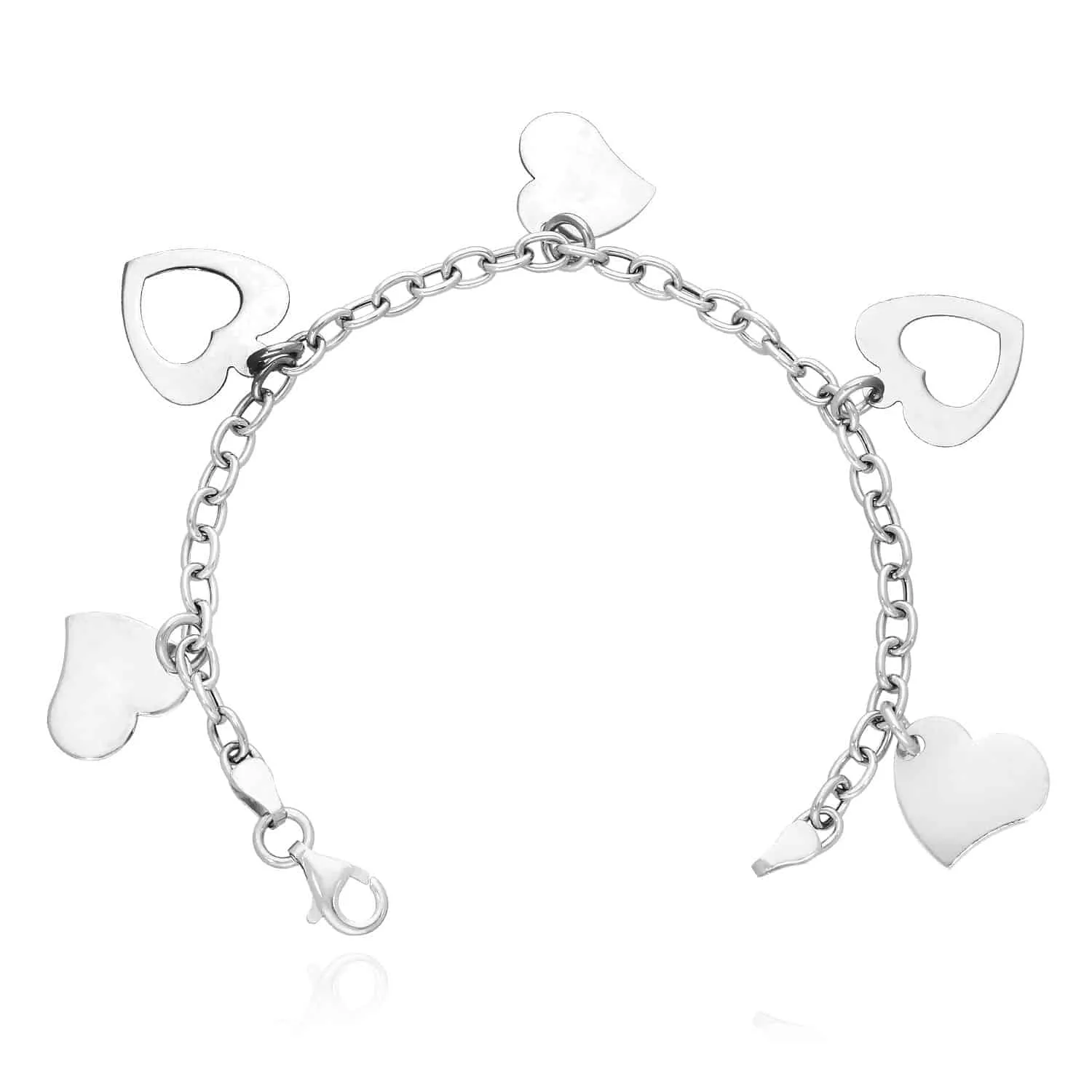 14K White Gold Rolo Hearts Charm Bracelet (Hollow) 7.5"