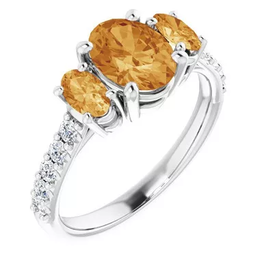 14K White gold Three Citrine RingAnd 0.20 Ct Diamonds