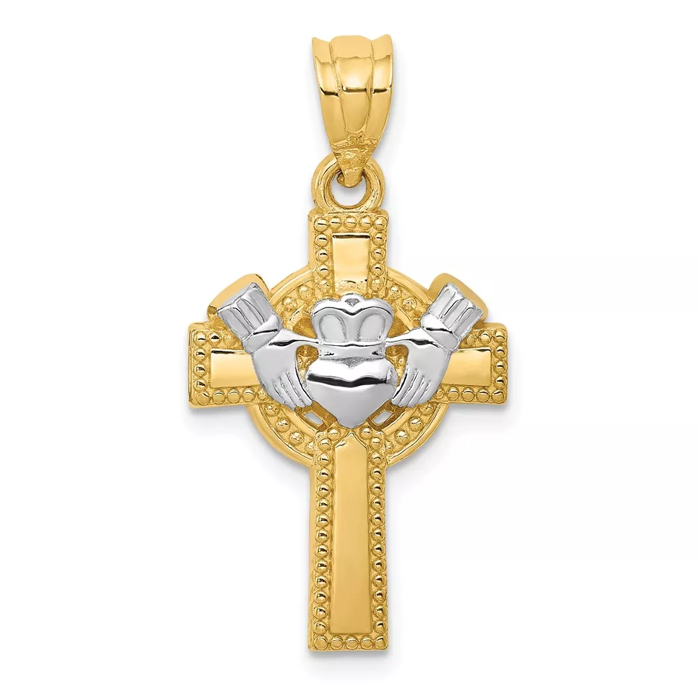 14k and White Rhodium Claddagh Cross Pendant