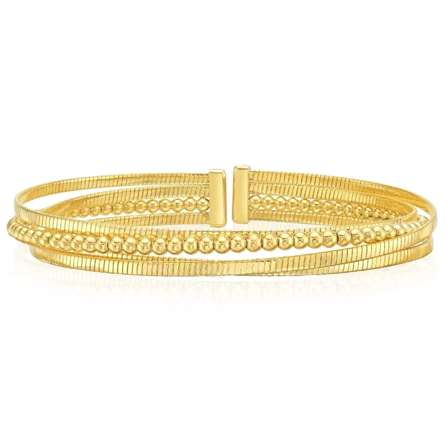 14K Yellow Gold 8mm Omega Beaded Layered Cuff Bracelet (Solid Links)