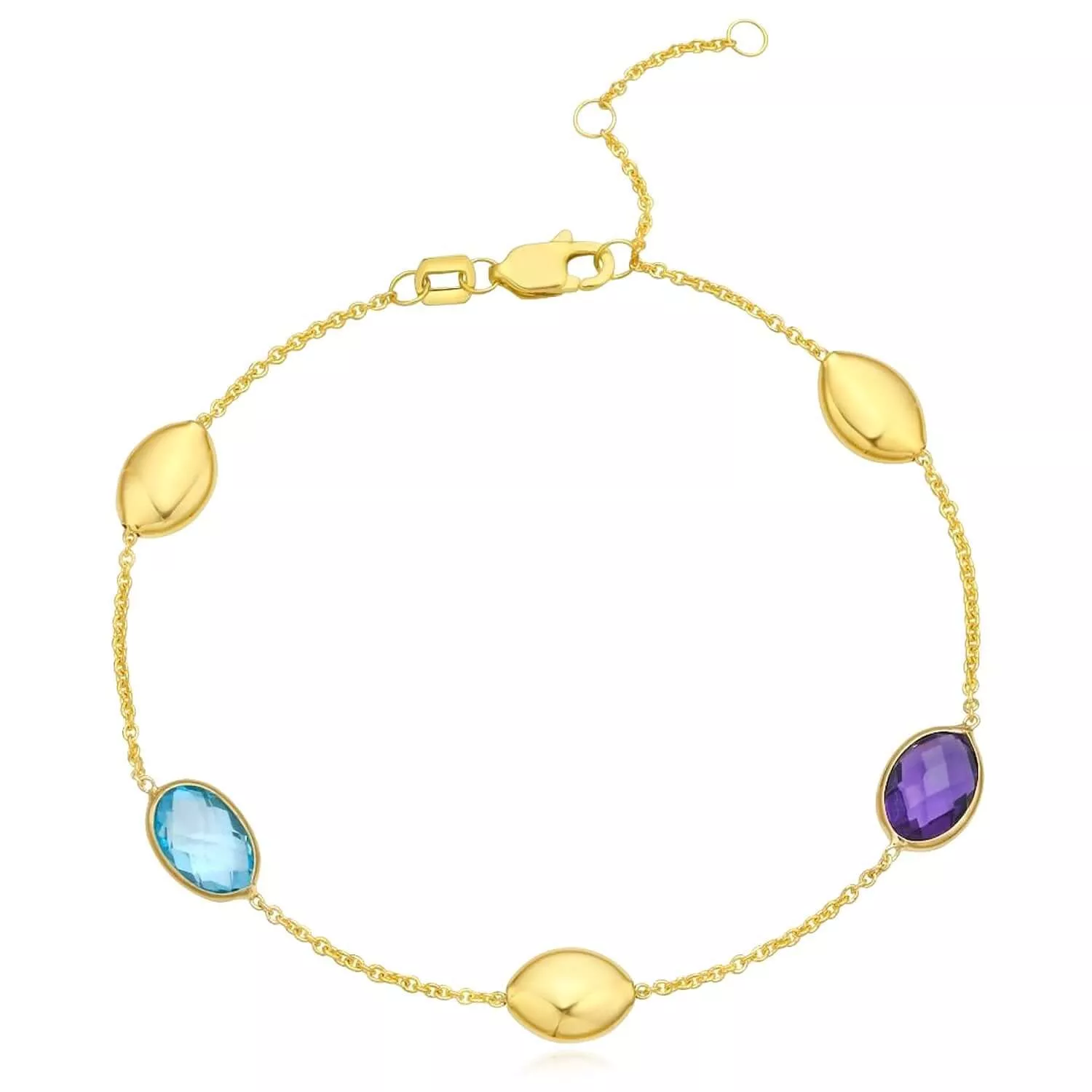 14K Yellow Gold Beaded Bracelet with Amethyst & Blue Topaz (Solid Links) 7.5" – Italian Made