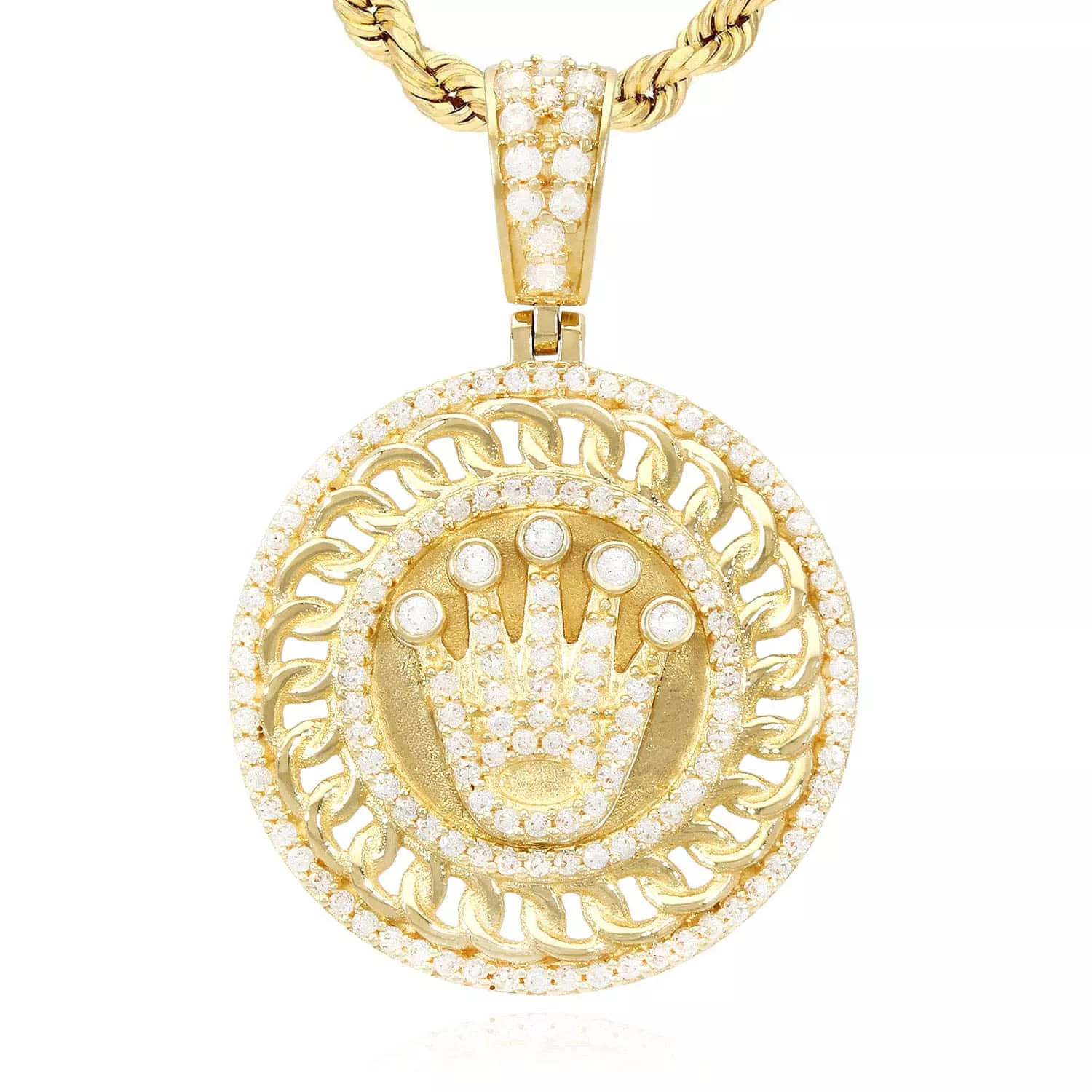 14K Yellow Gold CZ Crown Round Medallion Pendant 1.46"