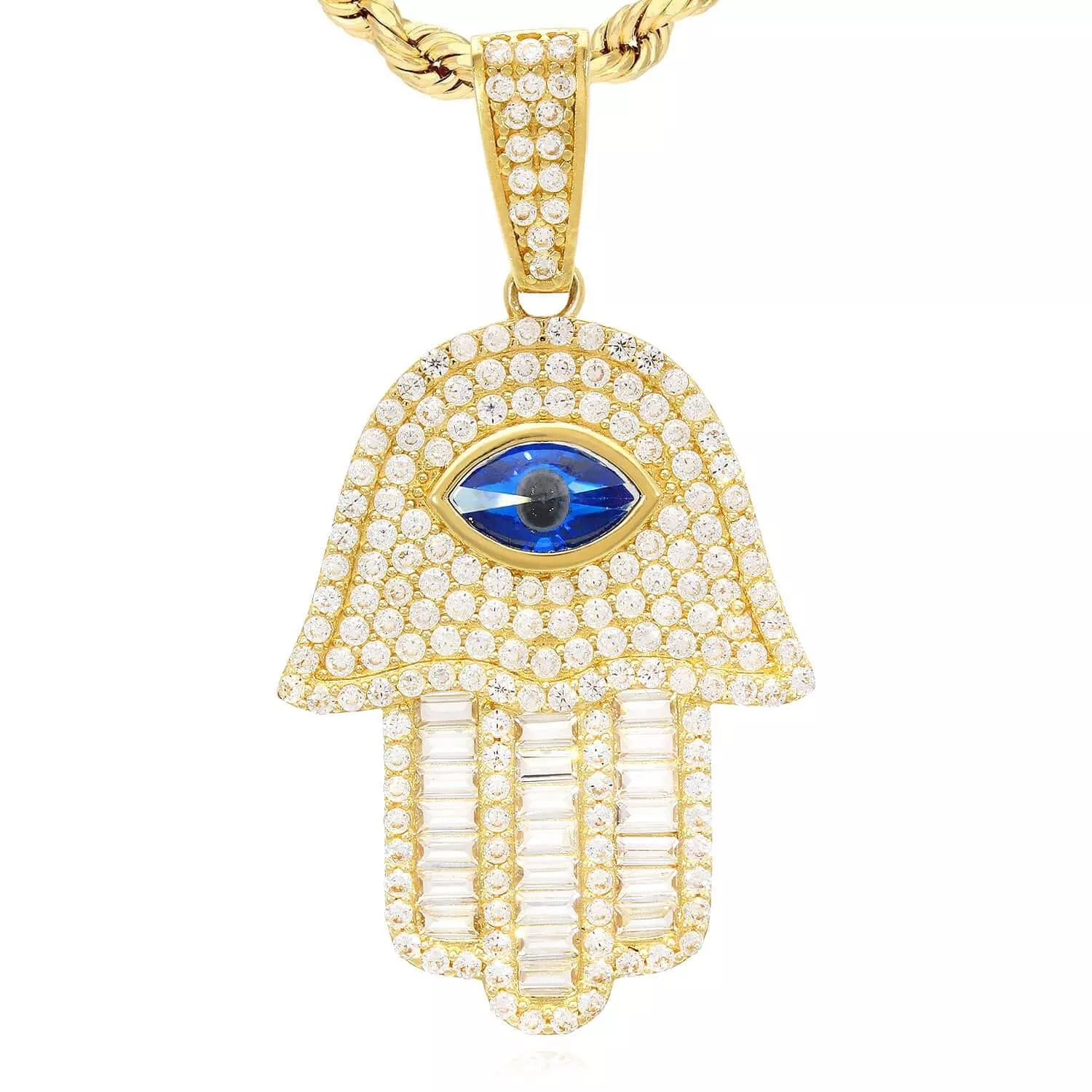 14K Yellow Gold CZ Sapphire Evil Eye Hamsa Hand Pendant 1.8"